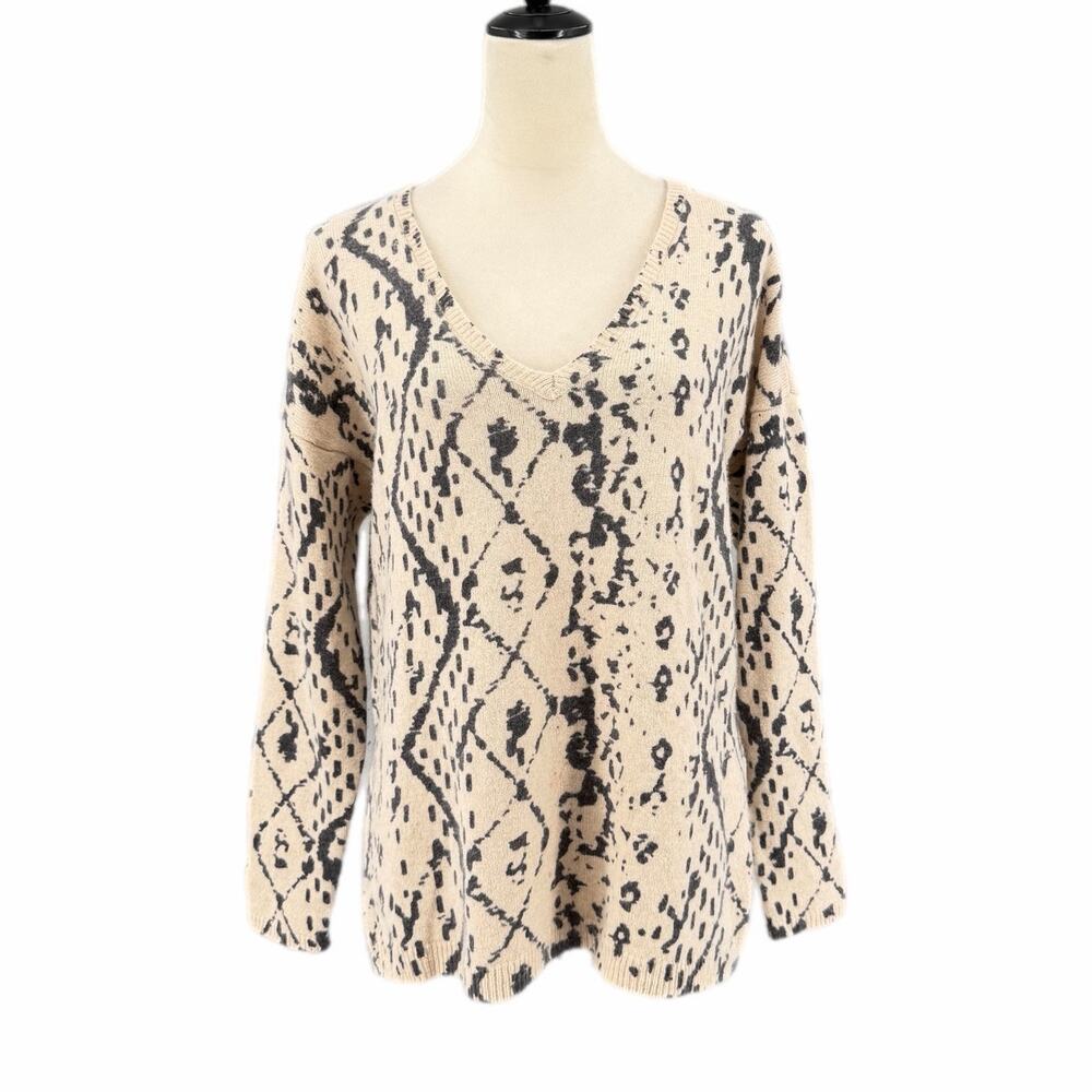 Anthropologie HWR Cream Black Geometric Wool Yak Cashmere Blend Pullover Sweater